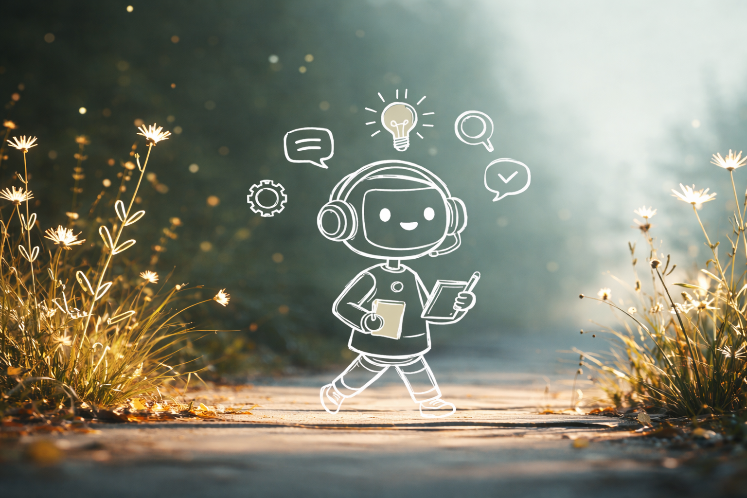 Ystävällinen piirretty tekoälyhahmo kulkee aurinkoisella polulla luonnossa, ympärillään ideoihin, viestintään ja oppimiseen liittyviä symboleja.