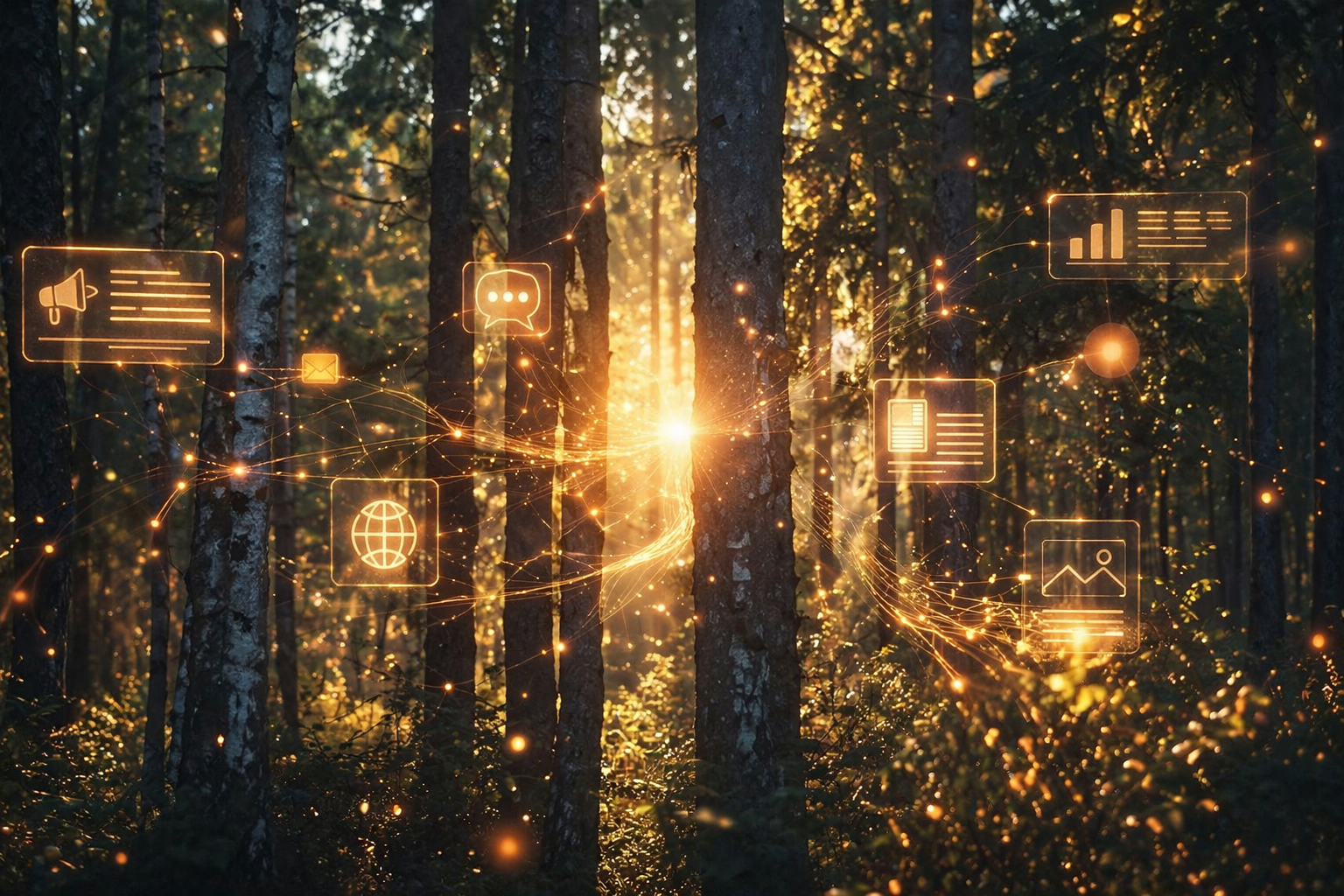 Metsämaisema, jossa auringonvalo siivilöityy puiden läpi ja yhdistyy digitaalisiin verkostoihin, tiedonvälityksen symboleihin ja valoviivoihin, jotka kuvaavat viestintää ja tekoälyä.