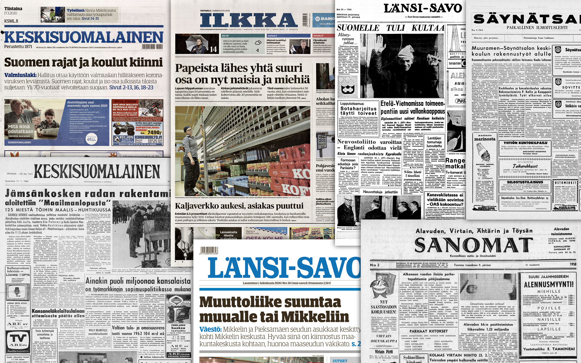Erilaisia sanomalehtiä monelta vuosikymmeneltä ryhmäkuvassa.