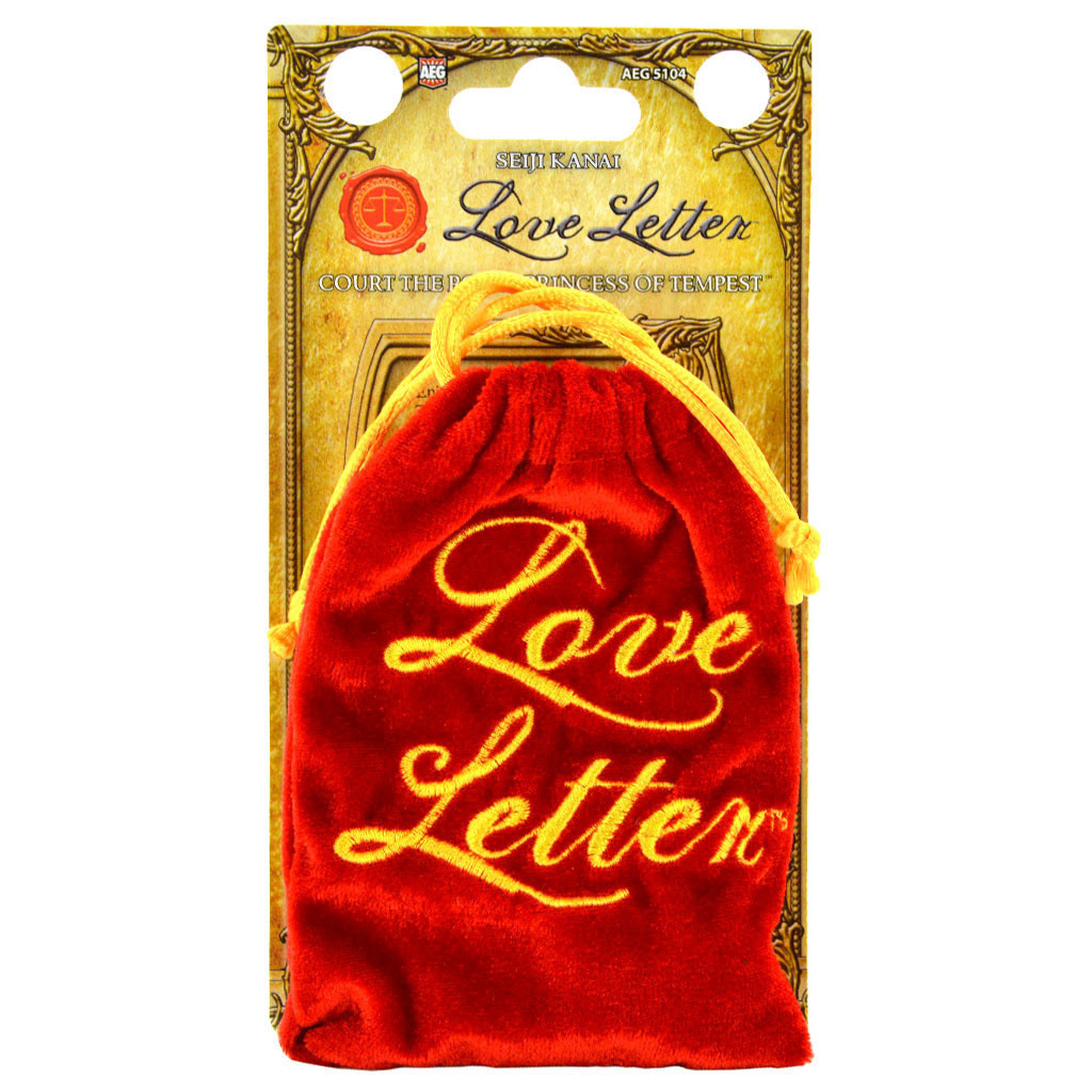 Love letter -pelin paketti ja punainen samettipussi.