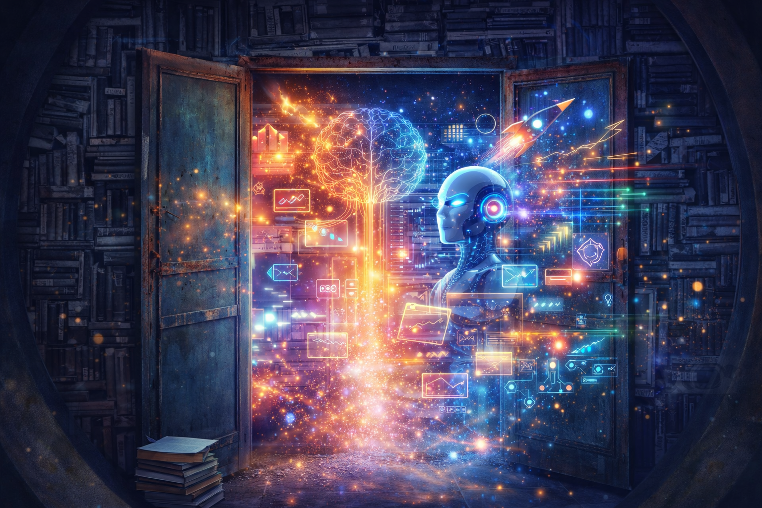 Avoimet vanhat ovet kirjastossa paljastavat hehkuvan digitaalisen maailman, jossa näkyy tekoälyn symboleja, datavirtoja ja futuristisia elementtejä lämpimissä syyssävyissä.