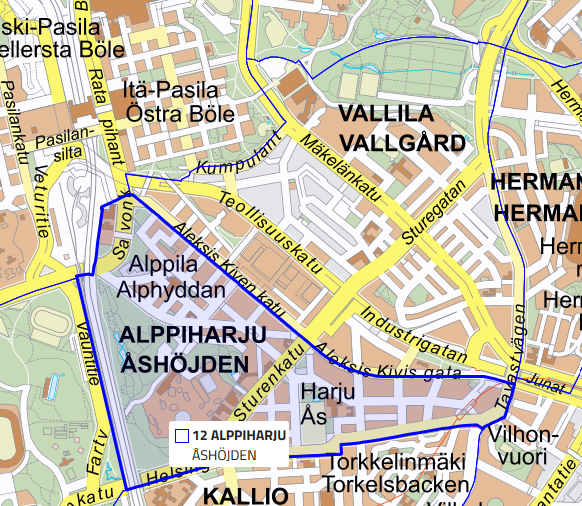 Karttakuva, jossa näkyy Alppiharjun ja Vallilan kaupunginosien rajat.