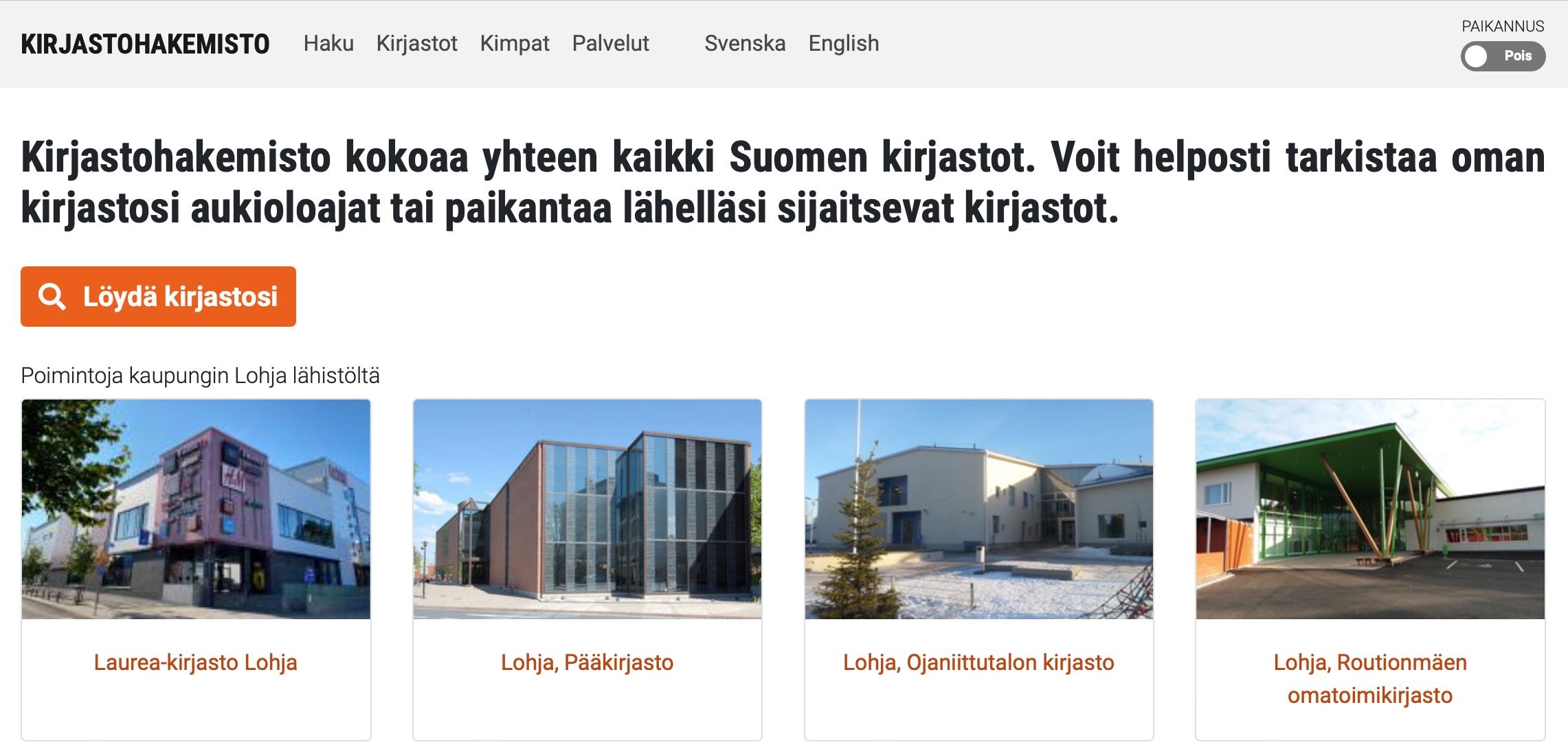 Kirjastohakemiston etusivulla kirjastojen kuvia ja mahdollisuus hakea paikkakunnan nimellä.