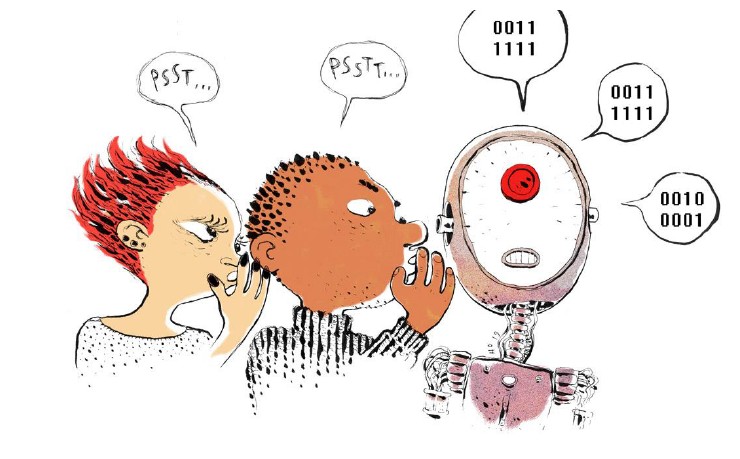 kaksi ihmistä kuiskavat salaisuuksia robotille.