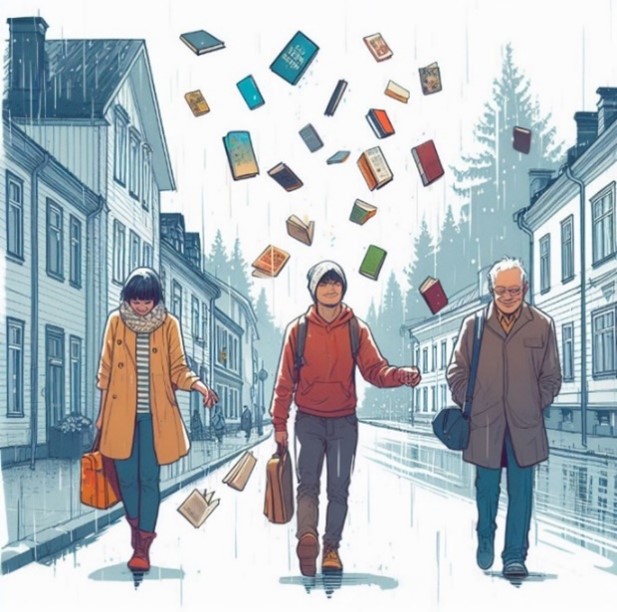 Tre personer går på en gata, böcker flyger i luften ovanför dem