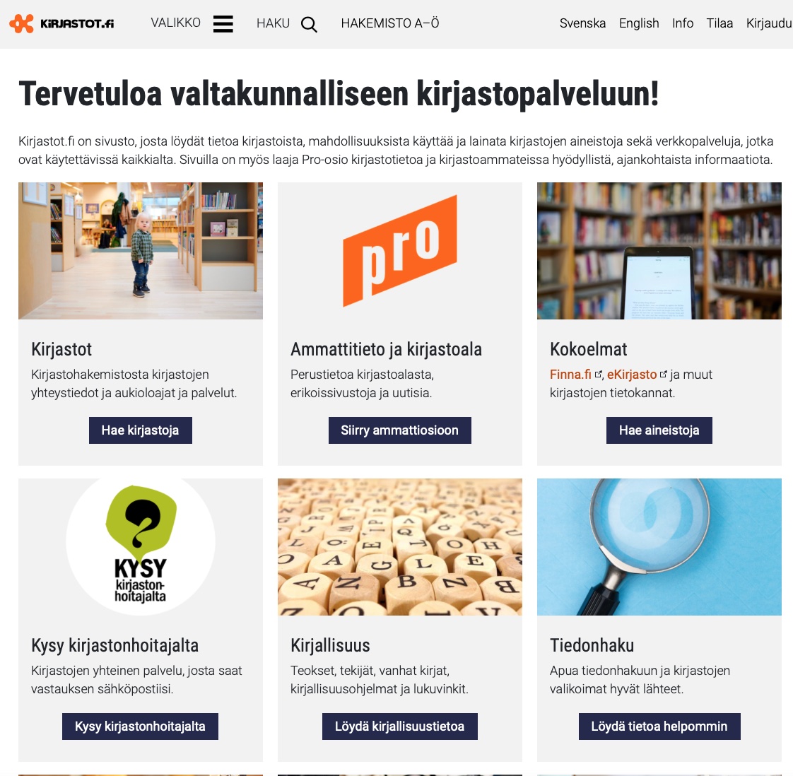 Kirjastot.fi:n aloitussivulla näkyvät kaikille tarkoitetut palvelut sekä ammattilaisosioon käynti.