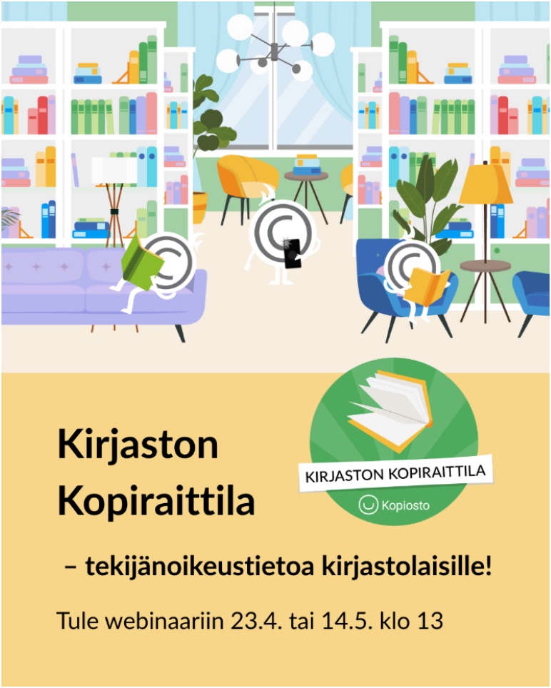 Kirjaston kopiraittila -webinaarin mainos.
