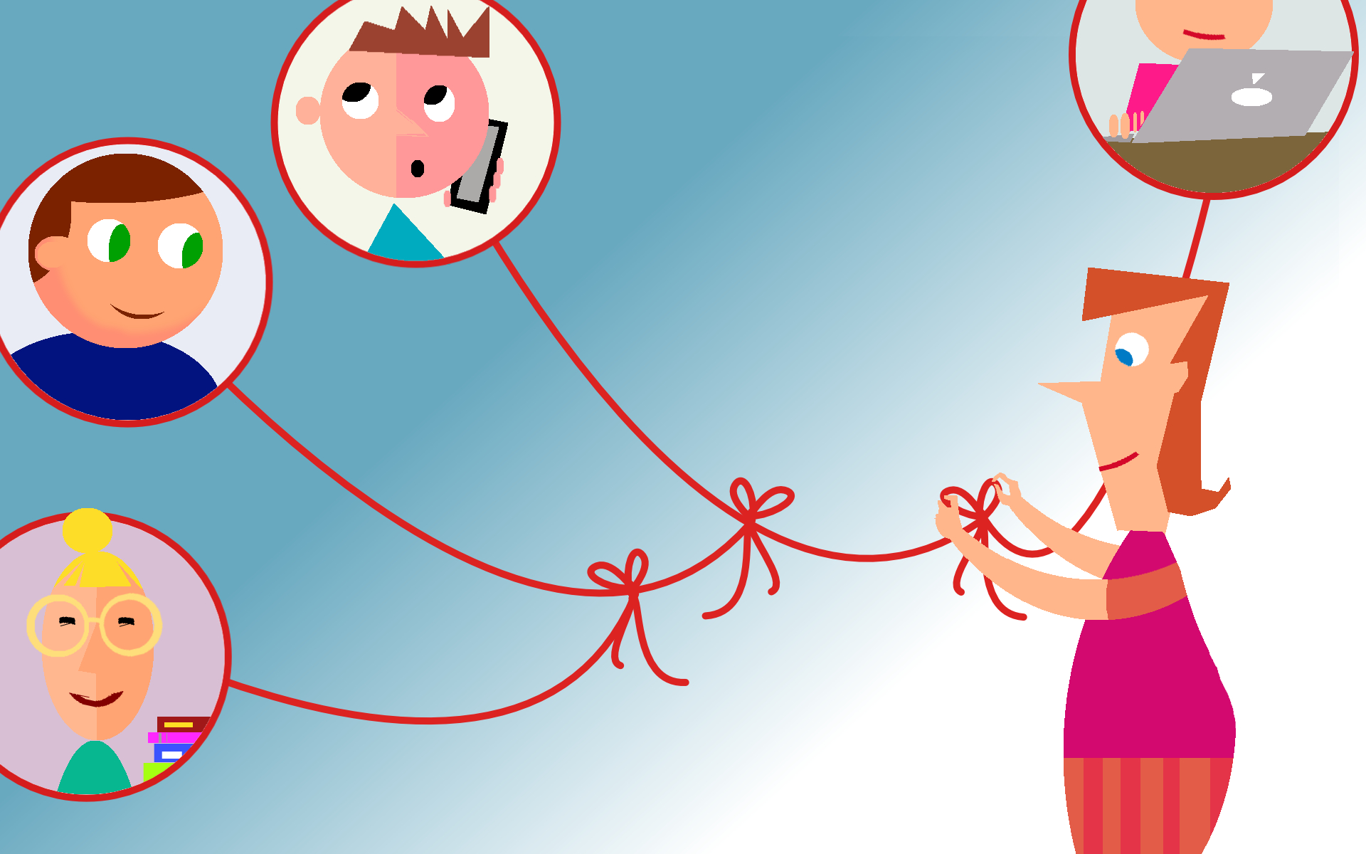 Kvinna som håller i många trådar. Trådarna går till bubblor med olika personer 