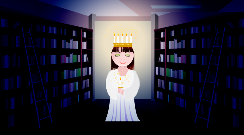 Lucia mellan bokhyllor