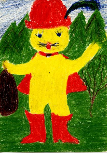 Saapasjalkakissan kuva lapsen piirroksena, Finna.fi