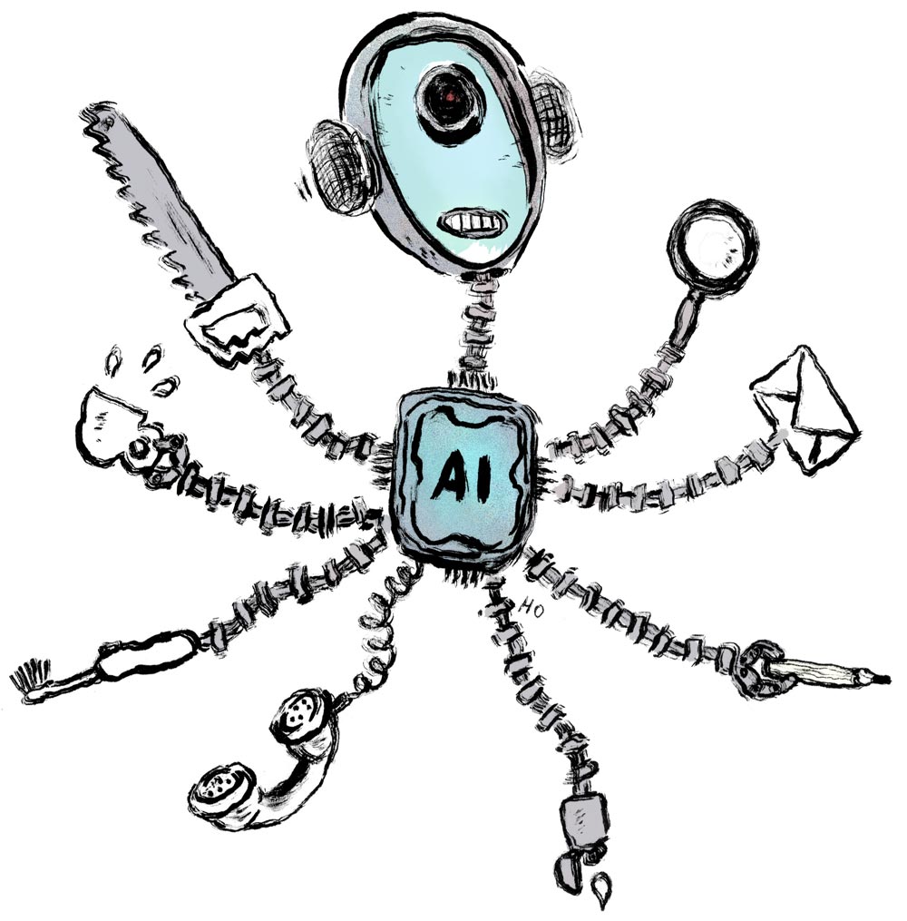 Hämähäkki, jolla on robottimainen pää ja joka pitää useita erilaisia työkaluja jaloissaan.